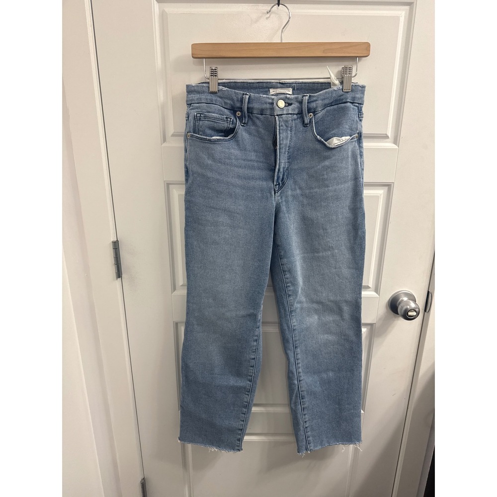 Good American Good Straight Raw Hem Jeans Blue Medium Wash‎ 8/29 crop